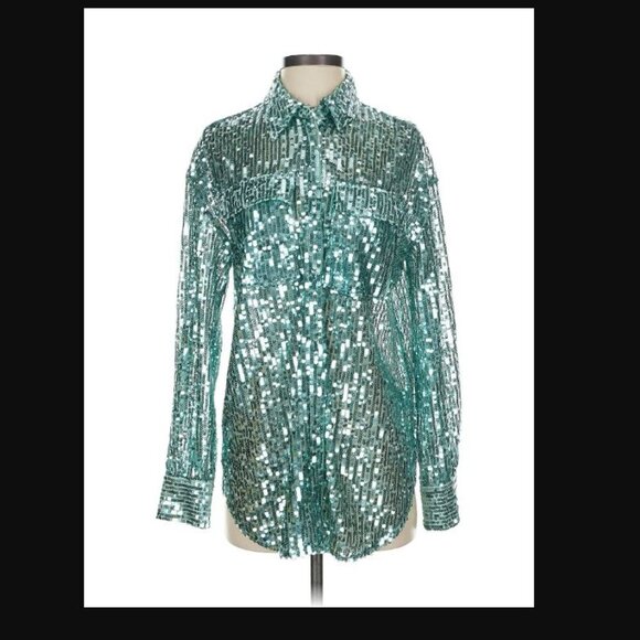 NWT Jeannie Mai X INC Sheer Sequin Oversized Shirt - Picture 2 of 5